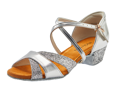 Girls Soft-Soled Glittering Latin Ballroom Dance Shoes with Leather Strap