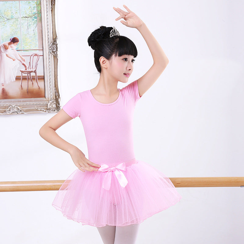 Girls Mesh V Back Basic Ballet Leotard Skirt Set Short Sleeves Cotton Dancewear Dress