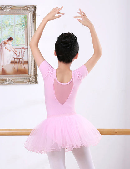 Girls Mesh V Back Basic Ballet Leotard Skirt Set Short Sleeves Cotton Dancewear Dress