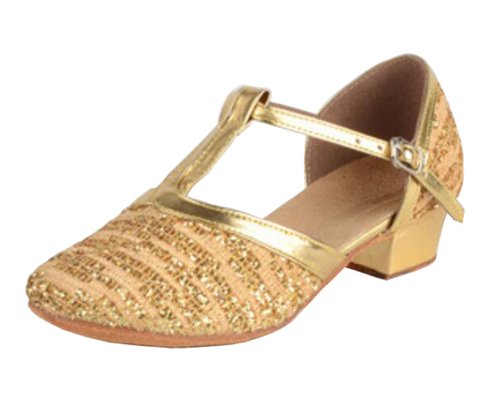 Girls T-Strap Latin Salsa Dance Shoes Closed Toe Glittering Ballroom Dress Suede Sole Party Shoes