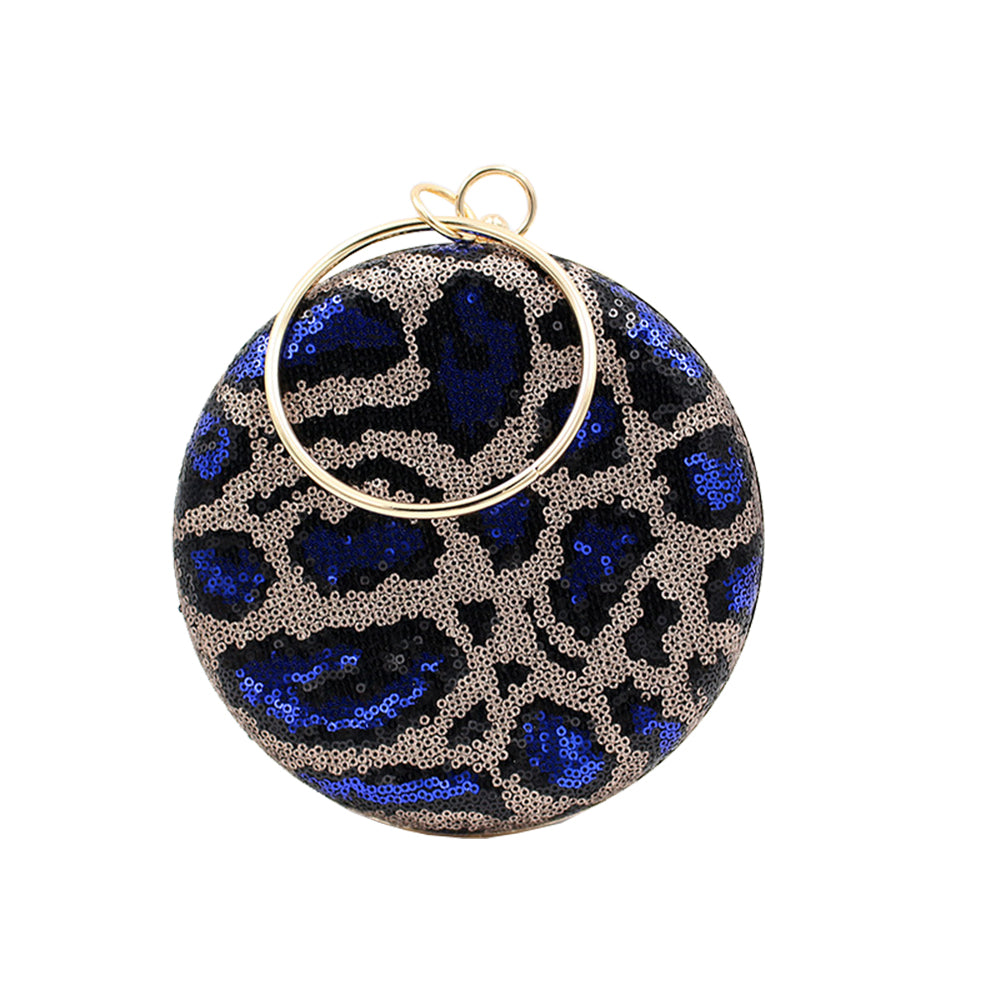 Womens Sequined Leopard Round Clutch Purse Ring Top-handle Party Bag