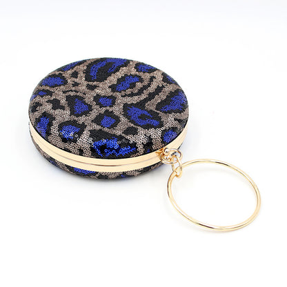 Womens Sequined Leopard Round Clutch Purse Ring Top-handle Party Bag