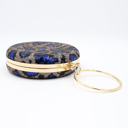 Womens Sequined Leopard Round Clutch Purse Ring Top-handle Party Bag