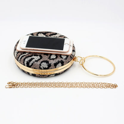 Womens Sequined Leopard Round Clutch Purse Ring Top-handle Party Bag