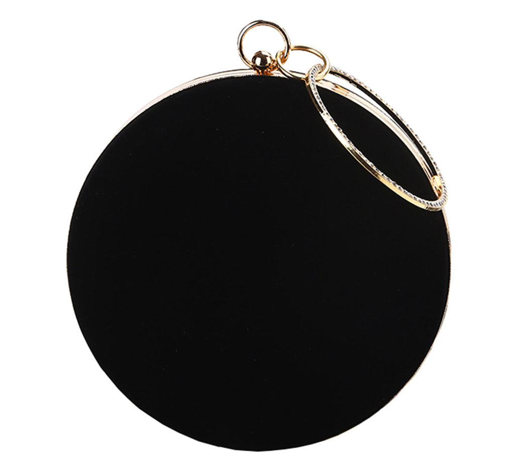 Womens Velvet Round Clutch Evening Handbag with Jeweled Ring Top-handle