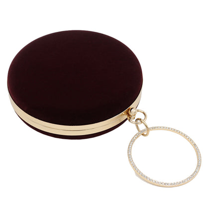 Womens Velvet Round Clutch Evening Handbag with Jeweled Ring Top-handle