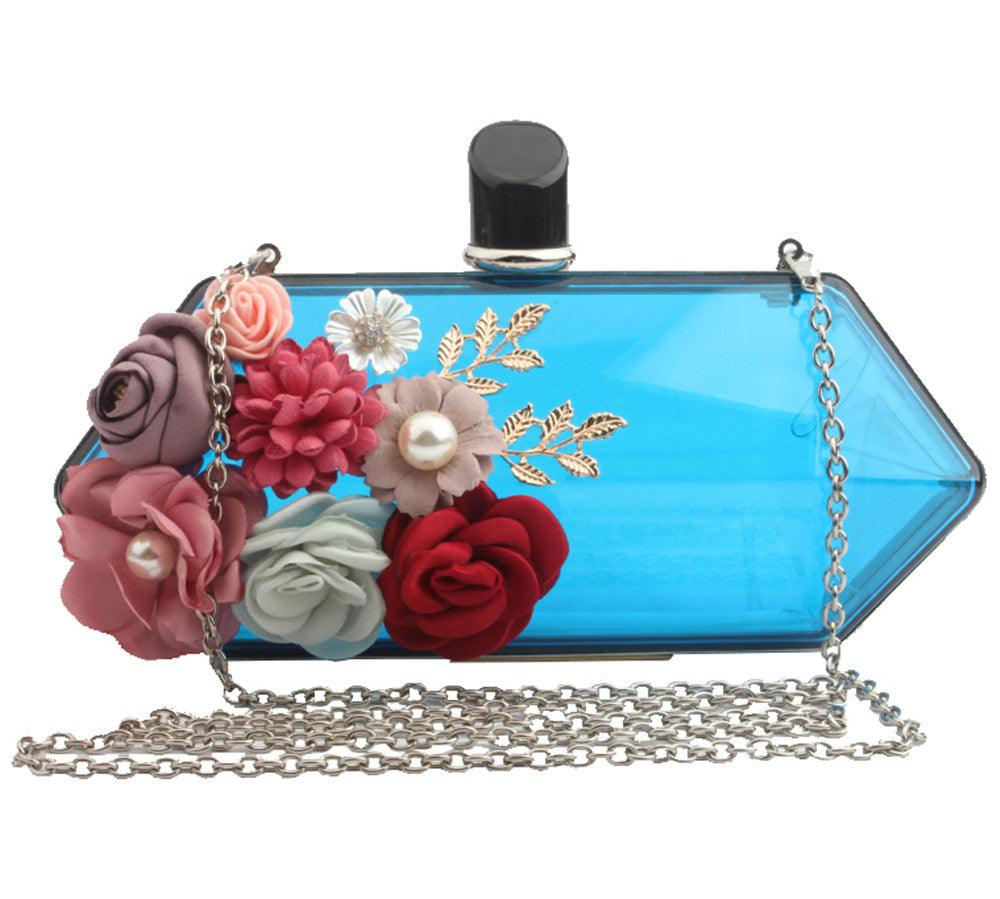 Womens Satin Flower Transparent Box Formal Clutch Acrylic Evening Bag with Chain