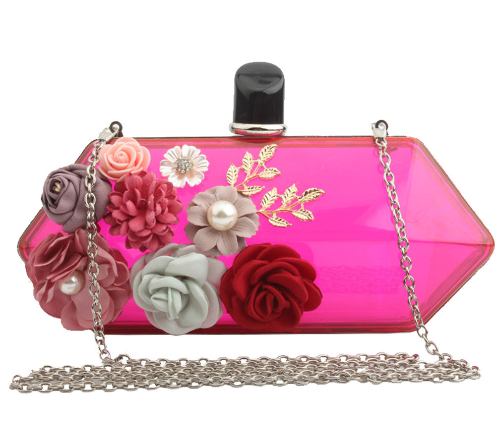 Womens Satin Flower Transparent Box Formal Clutch Acrylic Evening Bag with Chain