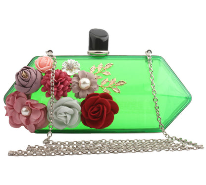 Womens Satin Flower Transparent Box Formal Clutch Acrylic Evening Bag with Chain