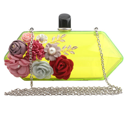 Womens Satin Flower Transparent Box Formal Clutch Acrylic Evening Bag with Chain