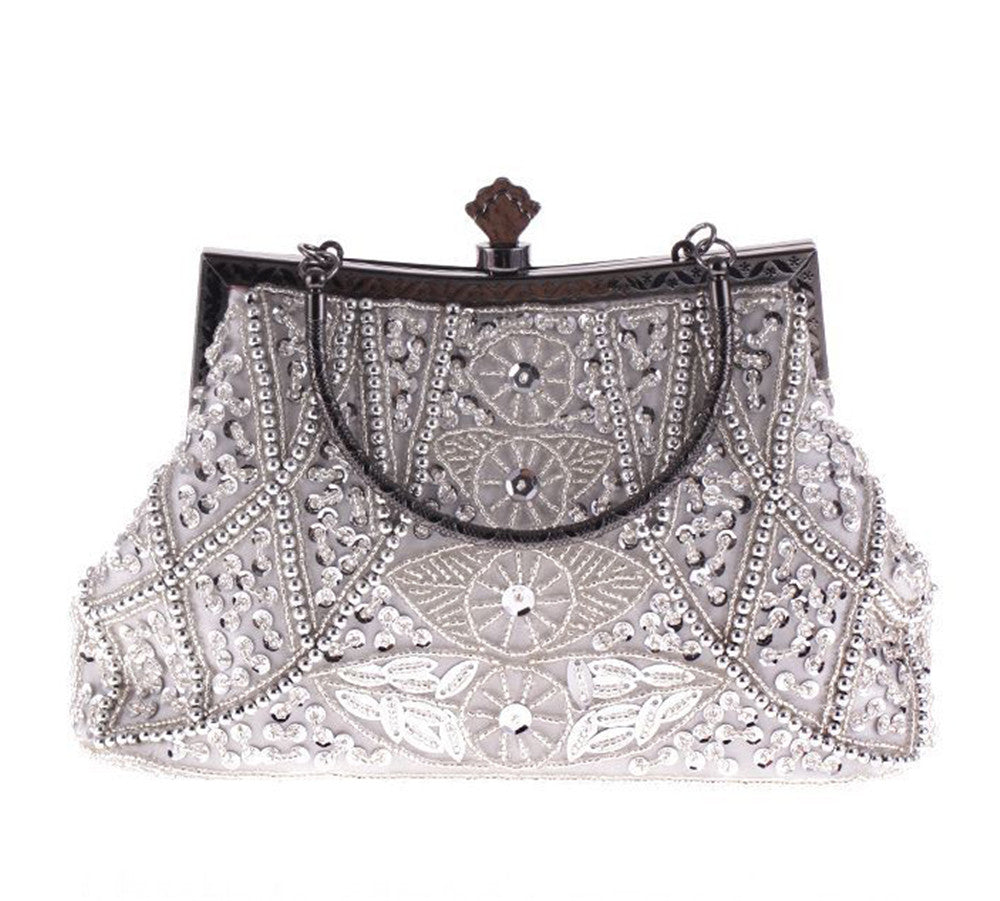 Womens Vintage Jewels Beaded Evening Clutch Bag Top-handle Prom Party Purse Formal Handbag