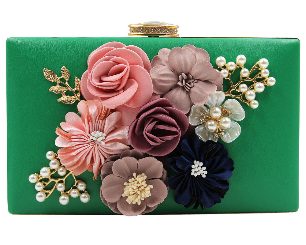 Womens Satin Flower Stud Evening Clutch Pearl Beaded PU Leather Formal Party Prom Handbag