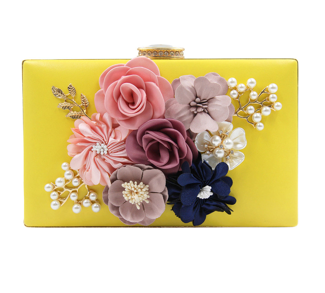 Womens Satin Flower Stud Evening Clutch Pearl Beaded PU Leather Formal Party Prom Handbag