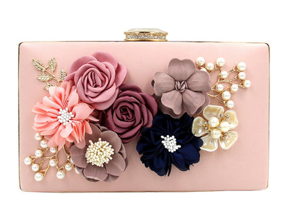 Womens Satin Flower Stud Evening Clutch Pearl Beaded PU Leather Formal Party Prom Handbag