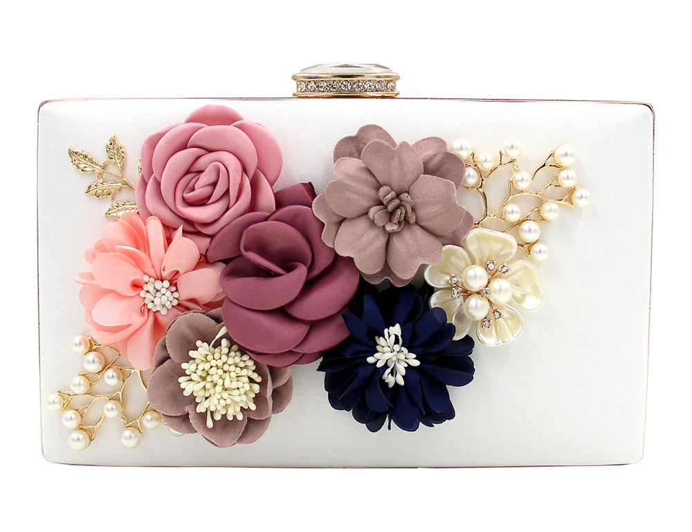 Womens Satin Flower Stud Evening Clutch Pearl Beaded PU Leather Formal Party Prom Handbag