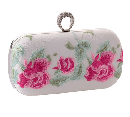 Womens Rose Floral Emboridered Evening Clutch Bag Beaded Finger Ring Hardbox Prom Wallet Bag