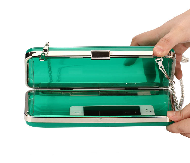 Womens See Through Acrylic Evening Clutch Candy Color Transparent Prom Hardbox Purse with Chain