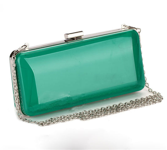 Womens See Through Acrylic Evening Clutch Candy Color Transparent Prom Hardbox Purse with Chain