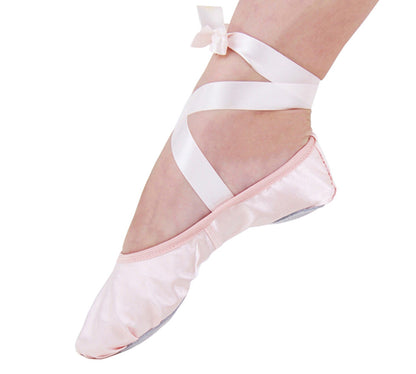 Girls Pink Satin Ballet Dance Slippers Kids Split Sole Ribbon Belly Flat Ballroom Shoes