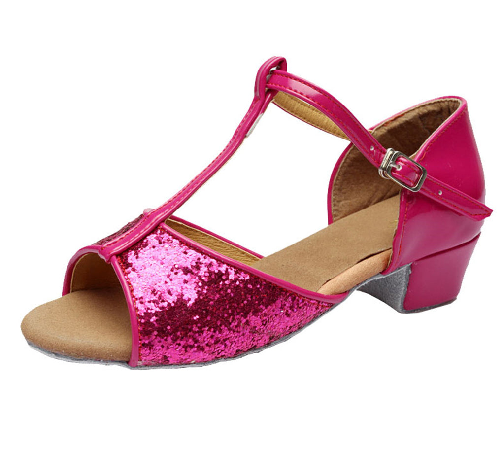 Girls T-strap Glitter Ballroom Dance Shoes Peep Toe PU Leather Latin Salsa Dancing Sandals