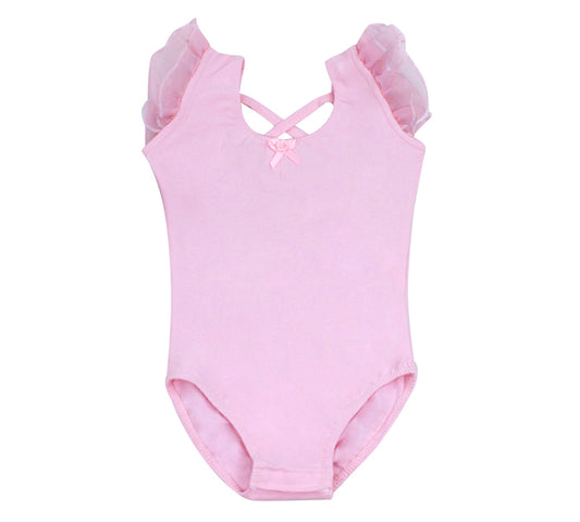 Girls Pink V Neck Dance Leotard Snap Crotch Ruffled Trim Sleeveless   Ballet Leotards Activewear