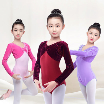 Girls Velvet Long Sleeves Leotard Bowknot Top Ballet Dance Leotard Kids Athletic Activewear