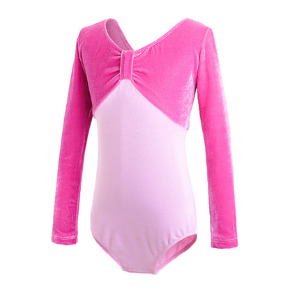 Girls Velvet Long Sleeves Leotard Bowknot Top Ballet Dance Leotard Kids Athletic Activewear