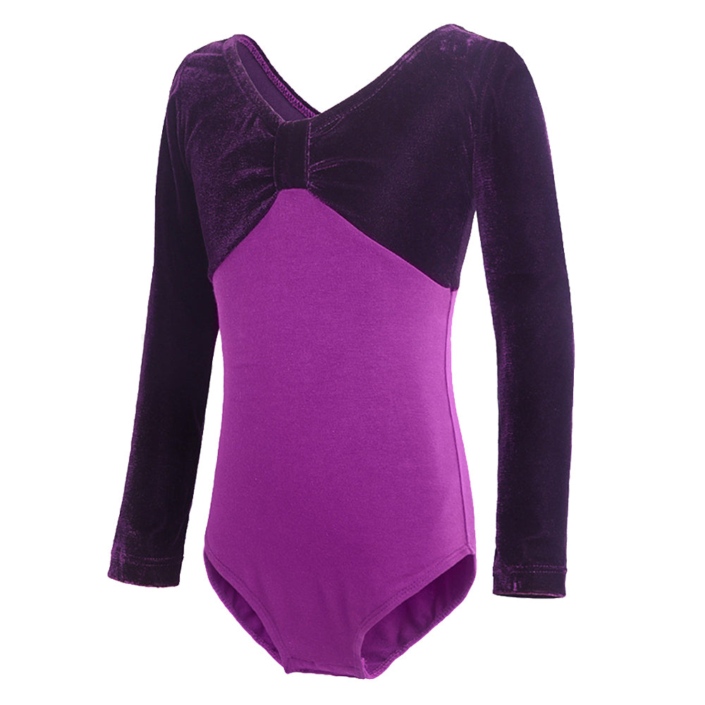 Girls Velvet Long Sleeves Leotard Bowknot Top Ballet Dance Leotard Kids Athletic Activewear