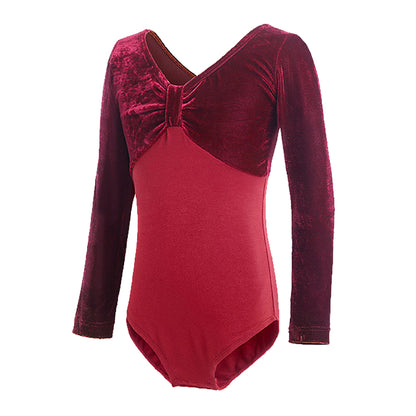 Girls Velvet Long Sleeves Leotard Bowknot Top Ballet Dance Leotard Kids Athletic Activewear