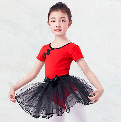 Girls Cotton Ballet Dance Leotard Set Short Sleeves Cheongsam Style Tutu Skirt Dance Dress