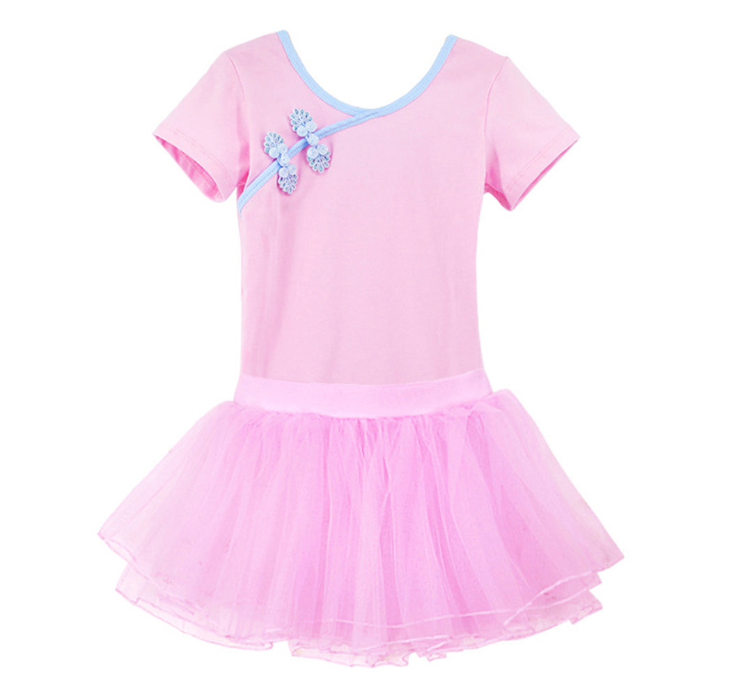 Girls Cotton Ballet Dance Leotard Set Short Sleeves Cheongsam Style Tutu Skirt Dance Dress