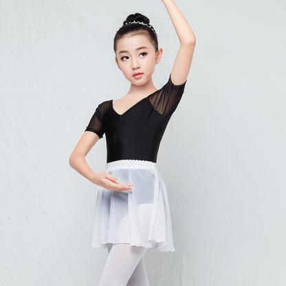 Girls Low Back Ballet Leotard Skirts Set Mesh Short Sleeves Two Piece Dancewear Gymnastics Bodysuit