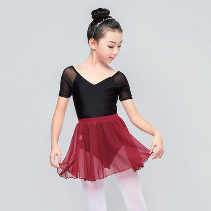 Girls Low Back Ballet Leotard Skirts Set Mesh Short Sleeves Two Piece Dancewear Gymnastics Bodysuit