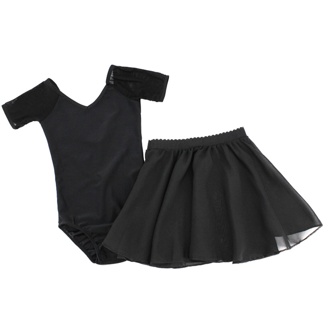 Girls Low Back Ballet Leotard Skirts Set Mesh Short Sleeves Two Piece Dancewear Gymnastics Bodysuit