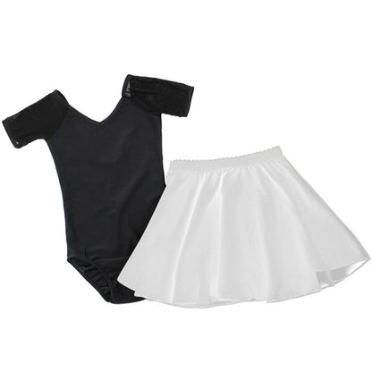 Girls Low Back Ballet Leotard Skirts Set Mesh Short Sleeves Two Piece Dancewear Gymnastics Bodysuit