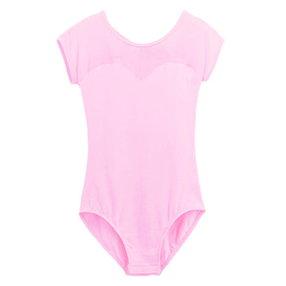 Girls Mesh Neckline Ballet Leotard Cap Sleeved Cotton Dance Leotard Activewear with Open Back