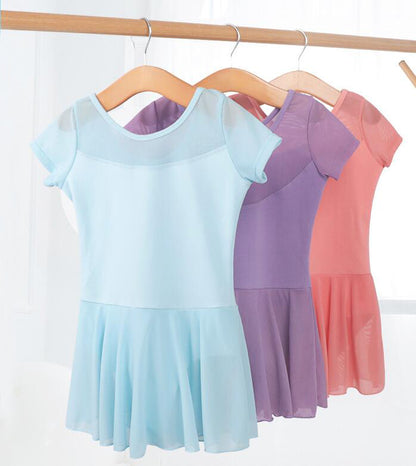 Girls Classic Short Sleeve Dance Dress Ballet Skirted Leotard Activewear