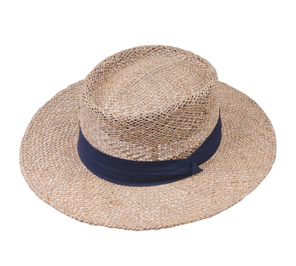 Womens Satin Band Straw Beach Hat Summer Hollow Out Boater Porkpie Hat 2020