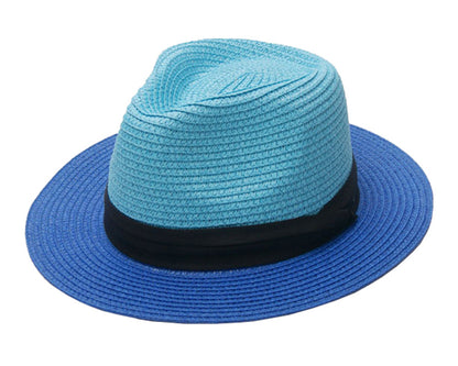 Womens Two Tone Short Brim Fedora Straw Sun Hat Colorblocked Jazz Travel Cap