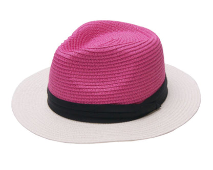 Womens Two Tone Short Brim Fedora Straw Sun Hat Colorblocked Jazz Travel Cap