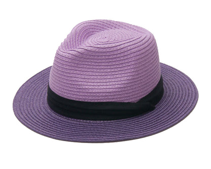 Womens Two Tone Short Brim Fedora Straw Sun Hat Colorblocked Jazz Travel Cap