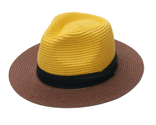 Womens Two Tone Short Brim Fedora Straw Sun Hat Colorblocked Jazz Travel Cap