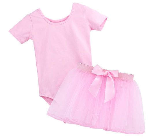 Girls Mesh V Back Basic Ballet Leotard Skirt Set Short Sleeves Cotton Dancewear Dress